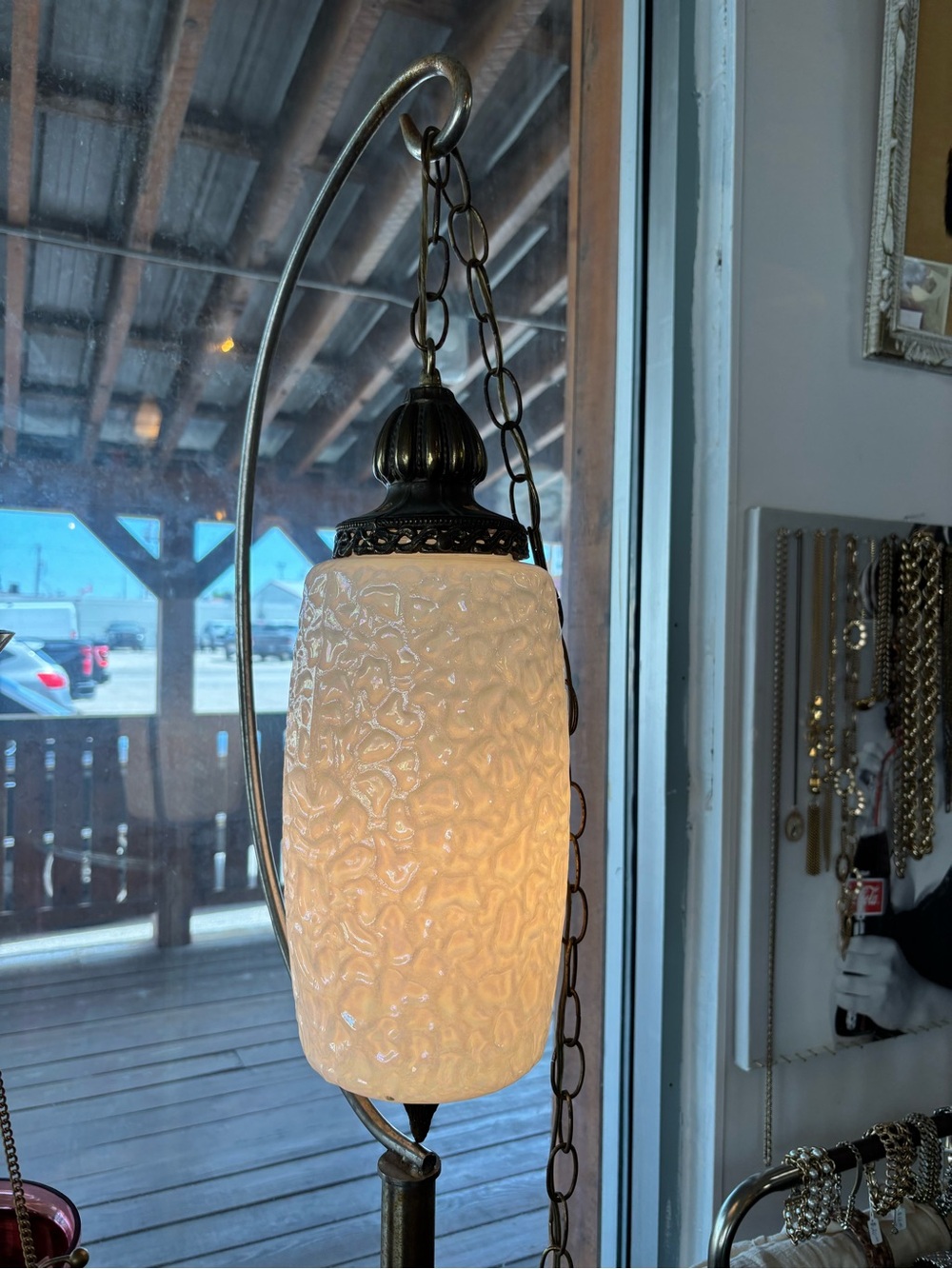 Vintage swag lamp white opalescent iridescent glass Hollywood regency